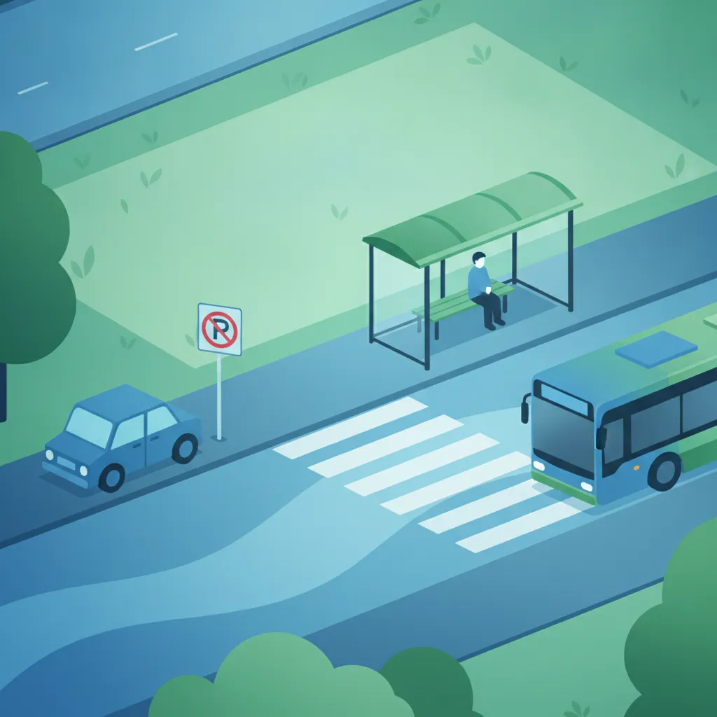 Urbane Risiken: Fußgänger, Bushaltestellen und Parken Unterrichtsbild