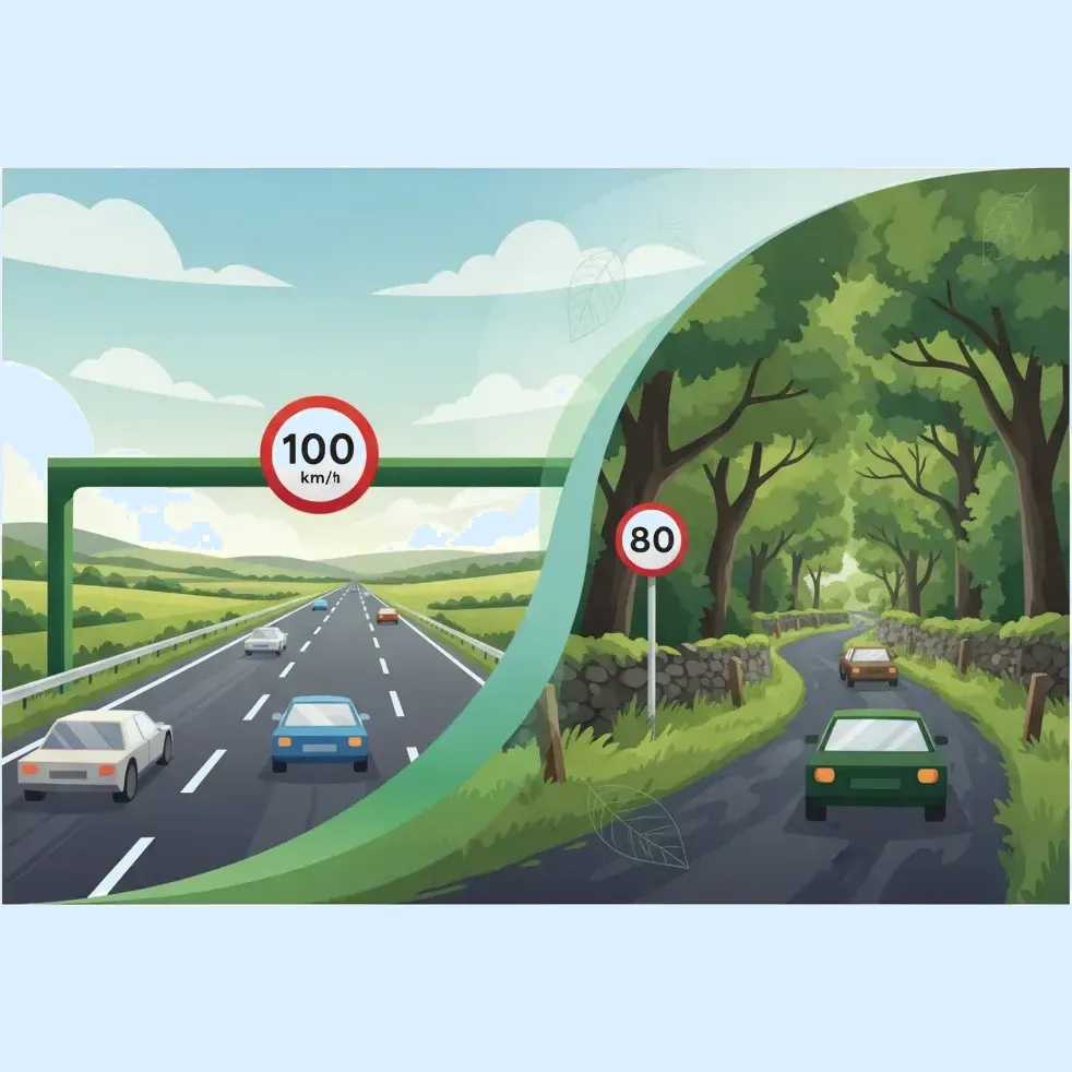 Límites de velocidad y escenarios de juicio de carretera en Irlanda (km/h)