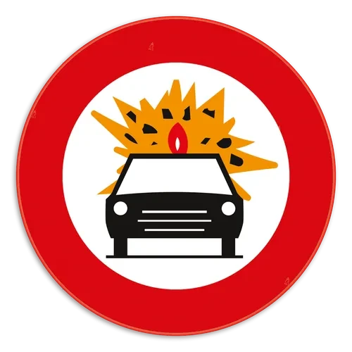 C24b - Prohibido el paso a vehículos que transporten mercancías inflamables o explosivas señal de tráfico