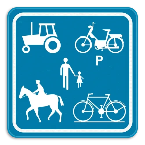 F99c - Inicio de una vía o parte de una vía reservada para vehículos agrícolas, peatones, ciclistas, jinetes y conductores de ciclomotores de alta velocidad señal de tráfico