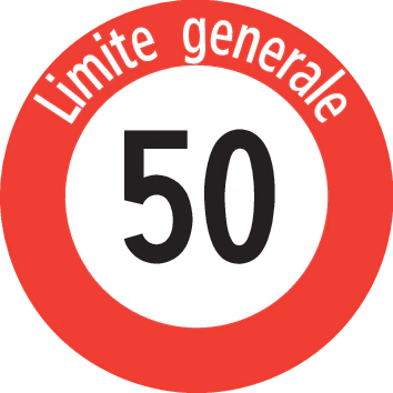 2.30.1-I - Generell gültige Geschwindigkeitsbeschränkung innerhalb geschlossener Ortschaften (italienische Variante) Verkehrsschild