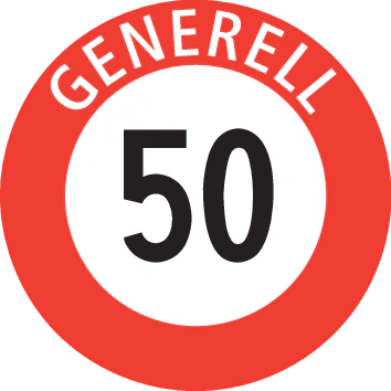 2.30.1-D - Generelle Geschwindigkeitsbeschränkung innerhalb geschlossener Ortschaften (deutsche Variante) Verkehrsschild