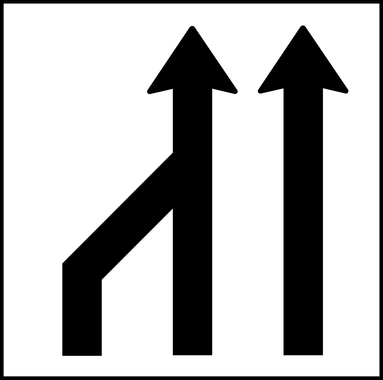 4.77-1 - Informationen zur Fahrbahnführung (Reduzierung von drei auf zwei Fahrspuren – zwei Spuren von rechts münden in die eine Spur – linke Spur wird auf die andere Seite der Autobahn umgeleitet) (Variante 1) Verkehrsschild