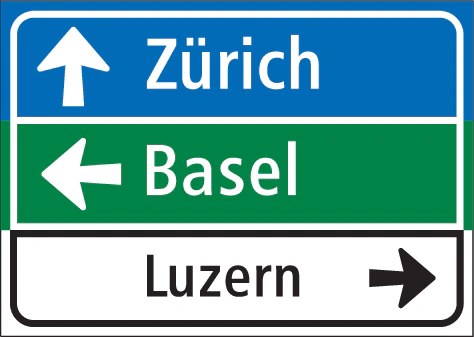 4.35 - Wegweiser in Tabellenform (Richtung Zürich auf Hauptroute, nach Basel über Autobahn/Schnellstrasse und nach Luzern auf Nebenroute) Verkehrsschild