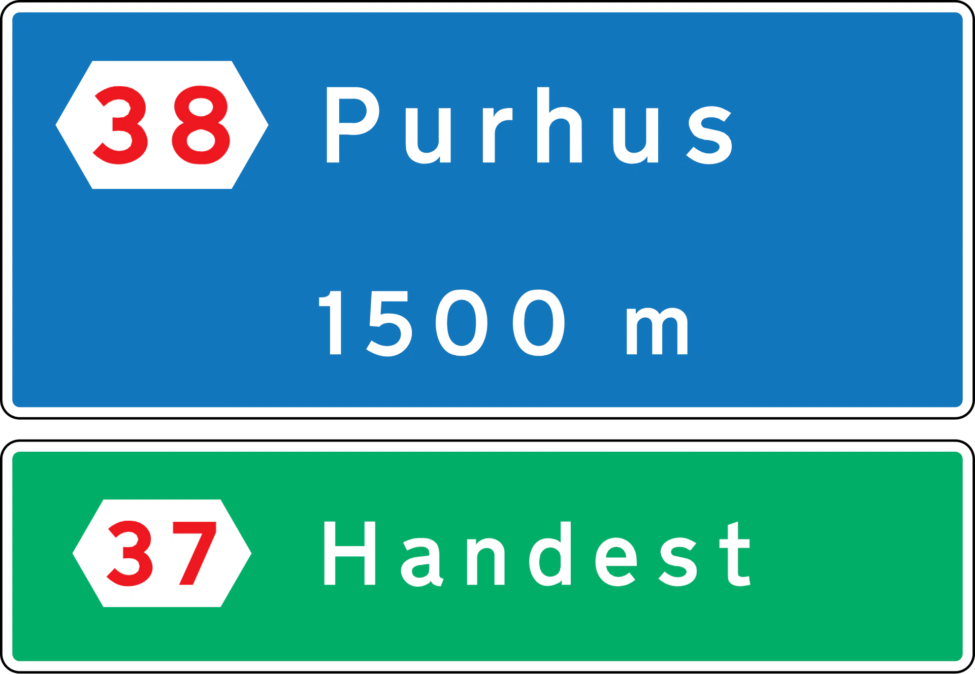 I13 - Abfahrt von der Autobahn in 1500m ‒ das untere Schild zeigt die folgende Ausfahrt (mit ihrer Nummer) und das zu erreichende Ziel an Verkehrsschild