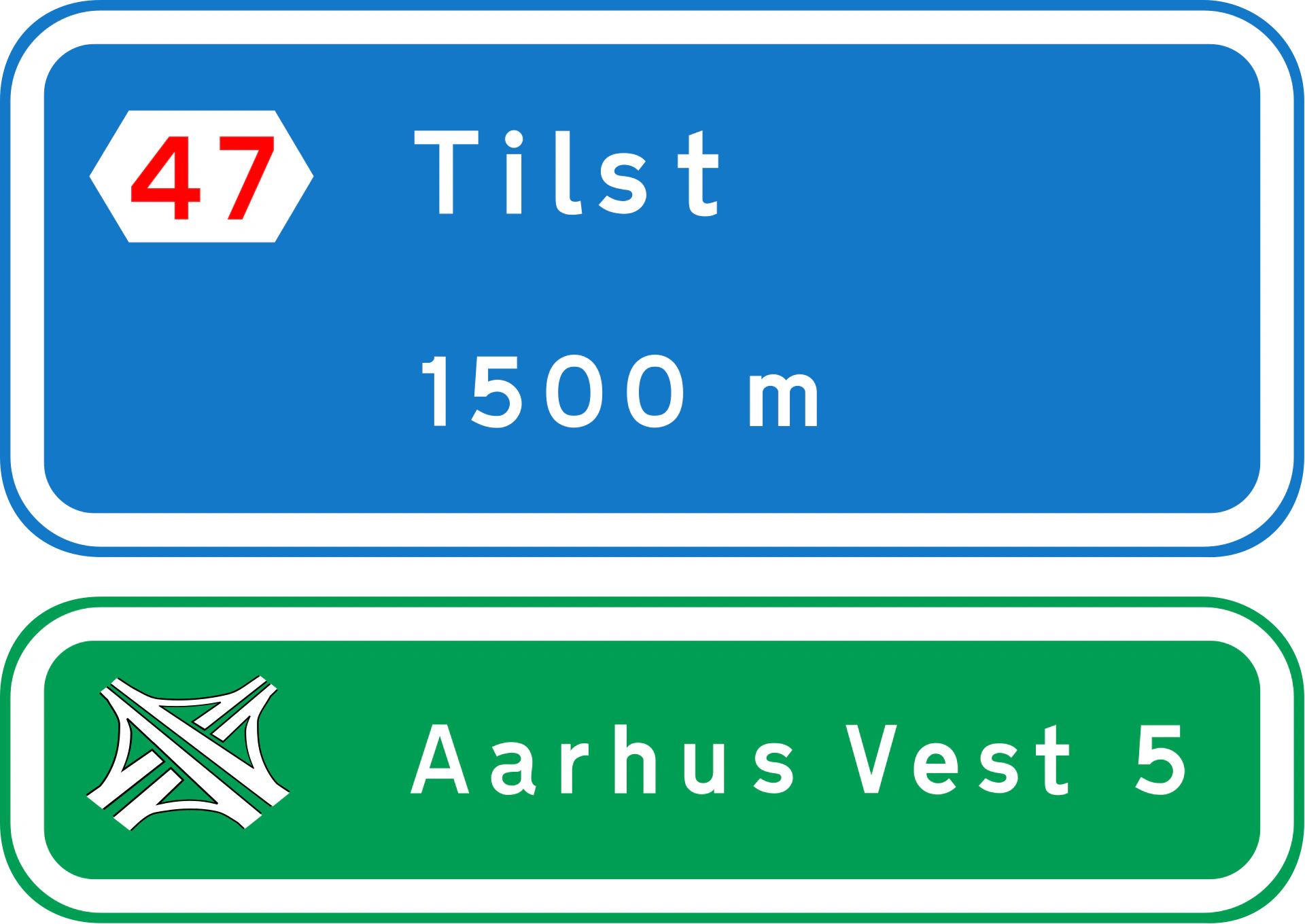 I13 - Ausfahrt auf der Autobahn in 1500 m – das untere Schild zeigt die folgende benannte Autobahnanschlussstelle Verkehrsschild