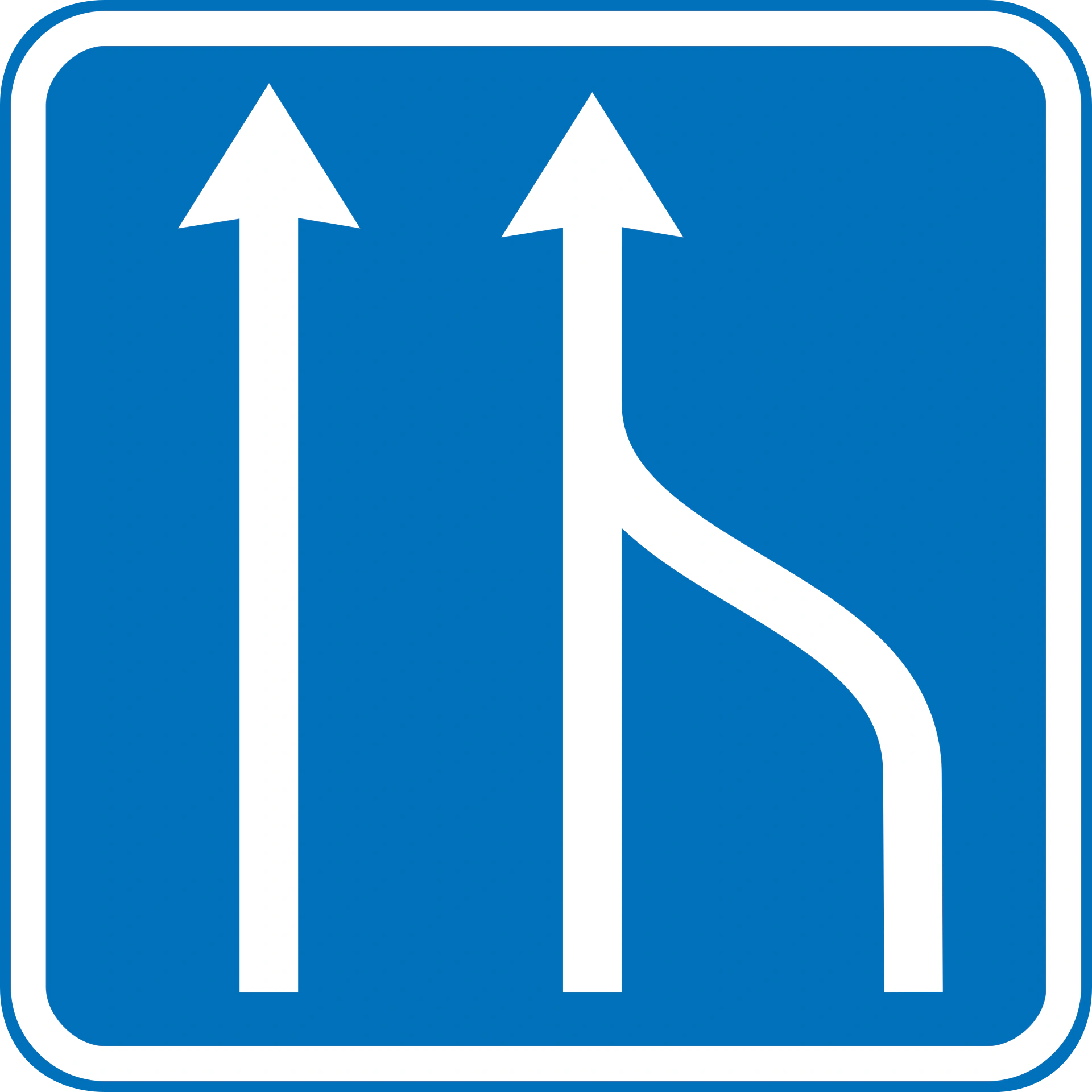 E16.1 - Reduzierung der Fahrspuren mit Fahrbahnzusammenführung Verkehrsschild