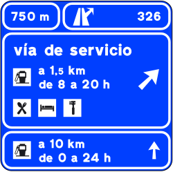 S-266 - Panneau routier Préseñalisation sur autoroute ou voie rapide d'une voie de service, avec une sortie partagée