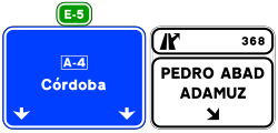 S-366 - Panneau routier Panneaux sur l'autoroute ou la route à chaussées séparées. Sortie immédiate vers route conventionnelle et propre direction