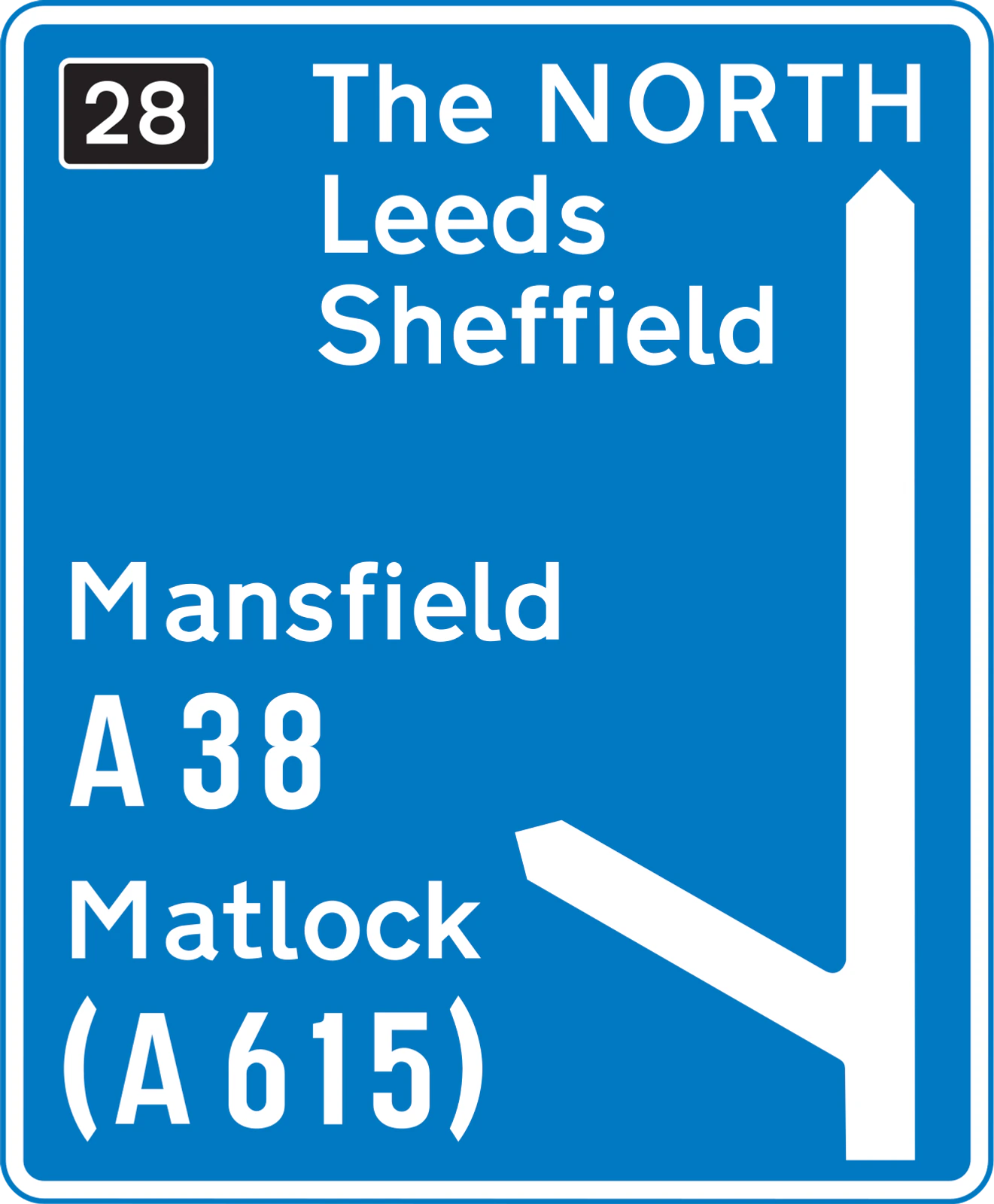 2906 - Zjazd z autostrady na A38, Mansfield i Matlock znak drogowy