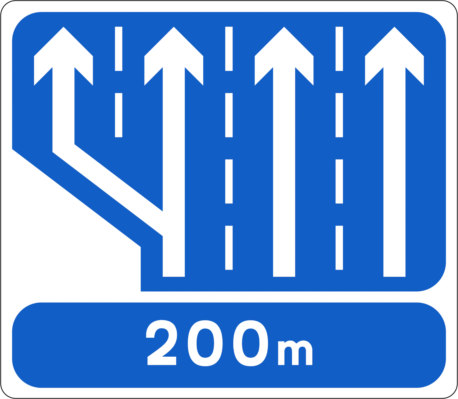 F-308 - Poszerzenie pasa ruchu (z trzech do czterech pasów, 200 m) znak drogowy