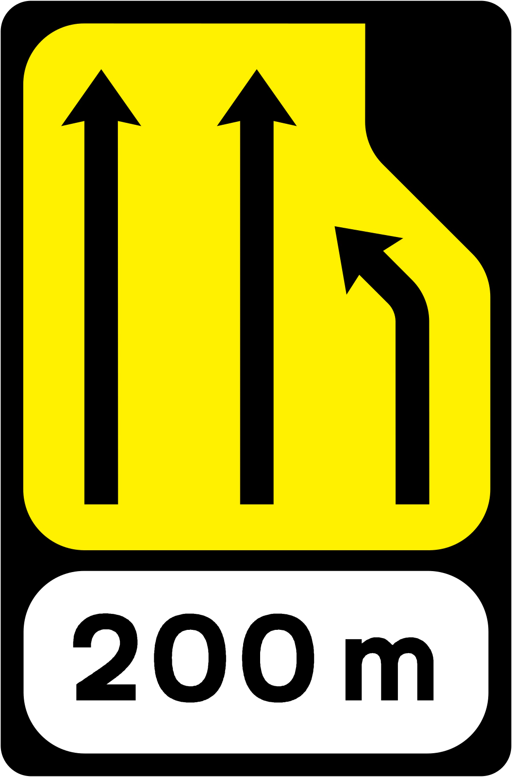 W-092R - Utrata Pasa (Trzy do Dwóch Pasy) - Prawy (z tablicą 200m) znak drogowy