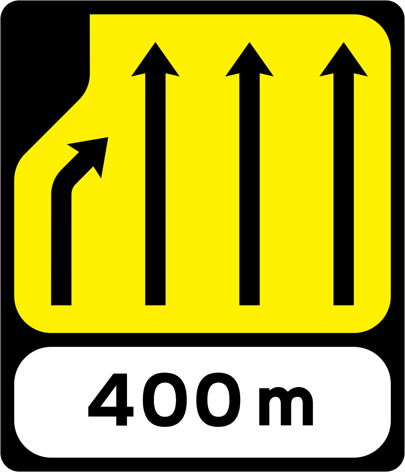 W-093L - Utrata pasa ruchu (z czterech na trzy) – lewa strona (z tablicą 400m) znak drogowy
