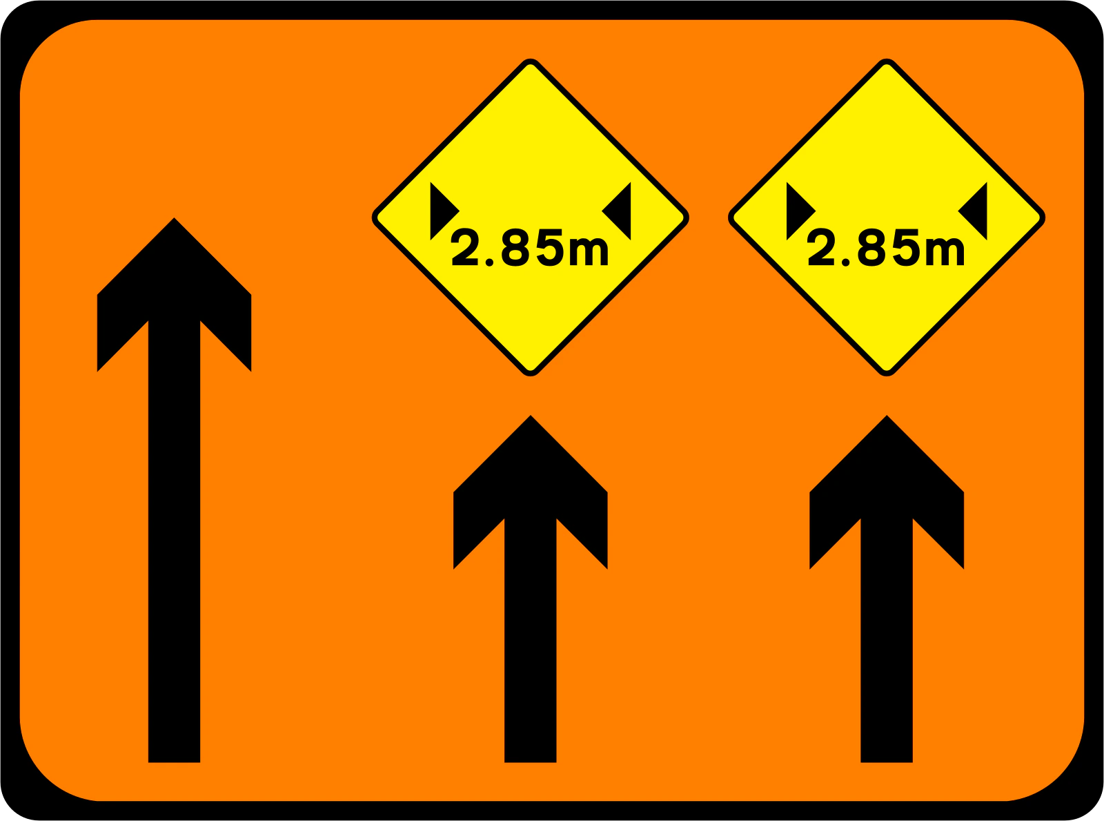 WK-102 - Zwężenie pasów ruchu 2 i 3 z 3 (z wyprzedzeniem) znak drogowy