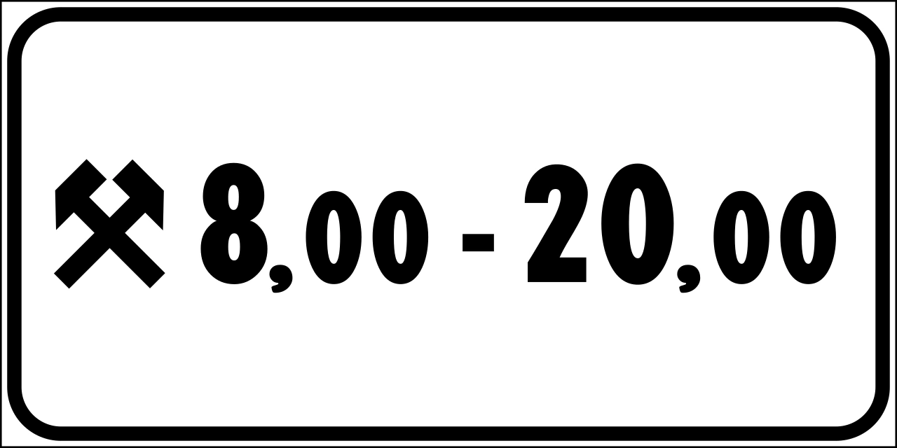 II.3-d - Zeitplan: Das Schild zwischen den angegebenen Stunden, aber nur an Arbeitstagen (dargestellt durch die beiden gekreuzten Hämmer) Verkehrsschild