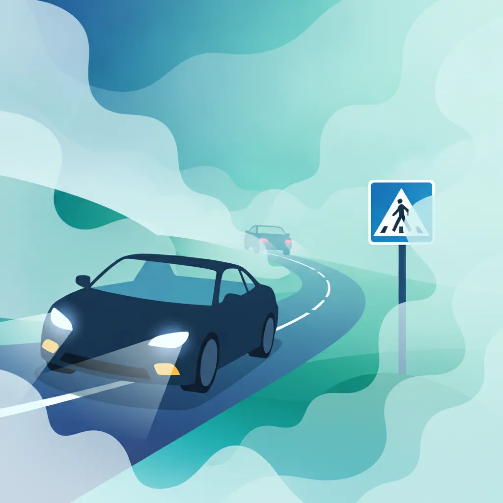 Ilustración del tema de teoría de conducción Conducir con niebla para alumnos de Austria