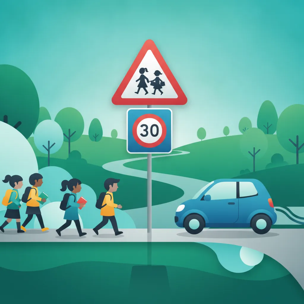 Illustration zum Thema Fahrtheorie Schulzonen & Kindersicherheit für Lernende in Belgien