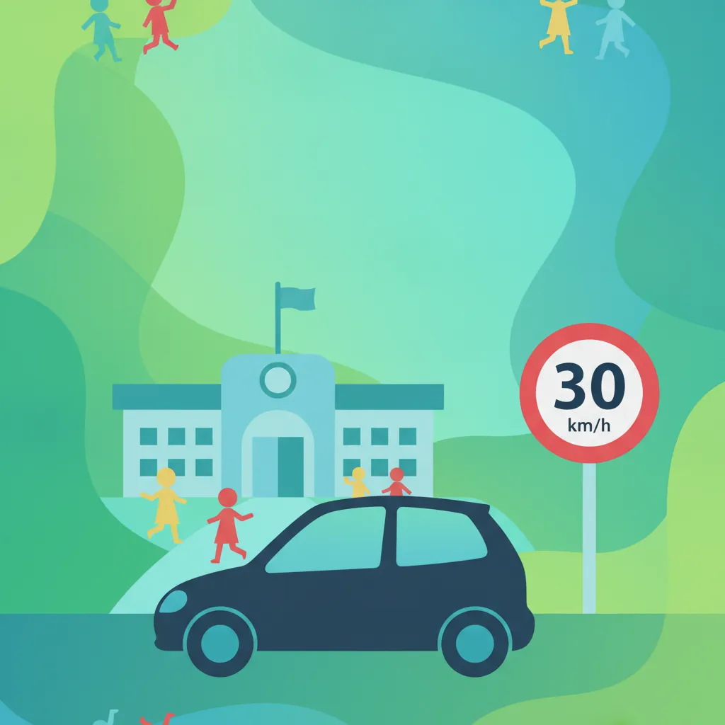 Ilustración del tema de teoría de conducción Zonas Escolares y Seguridad Infantil para alumnos de Alemania