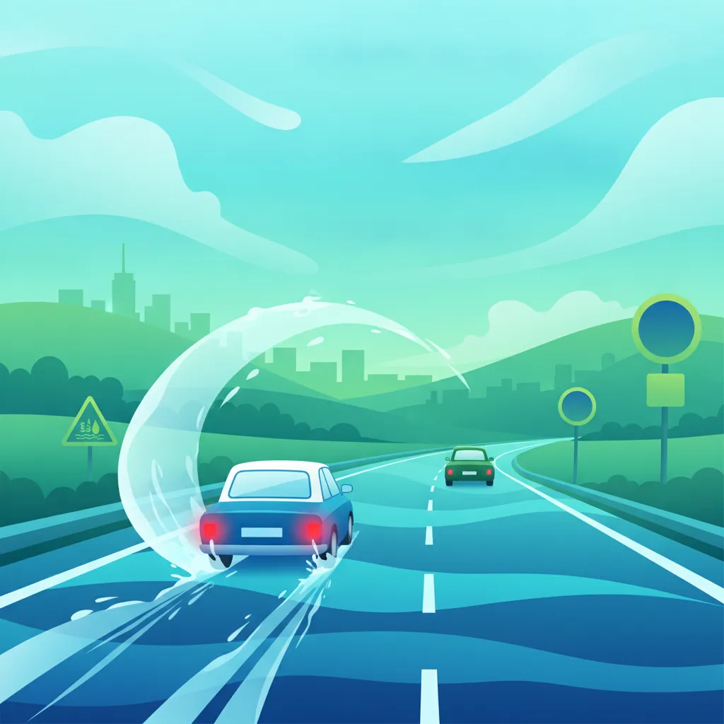 Illustration zum Theoriethema Bremsen auf nasser Fahrbahn & Aquaplaning