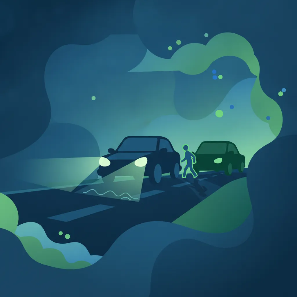 Illustration zum Thema Fahrtheorie Sicherheit bei Nachtfahrten für Lernende in Dänemark