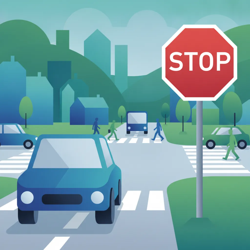 Illustration zum Thema Fahrtheorie Stoppschild-Regeln (B13) für Lernende in Dänemark