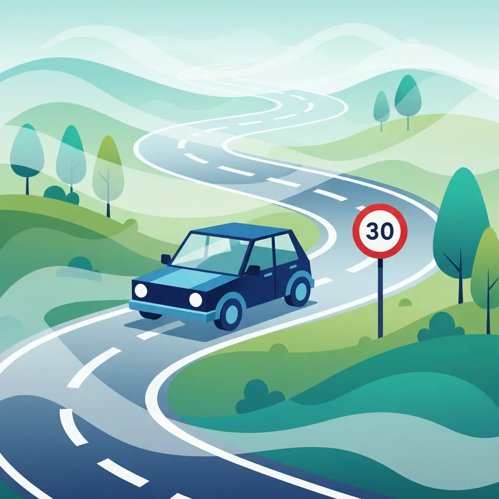 Illustration zum Thema Fahrtheorie Sichere Geschwindigkeit & Straßenbedingungen für Lernende in Spanien