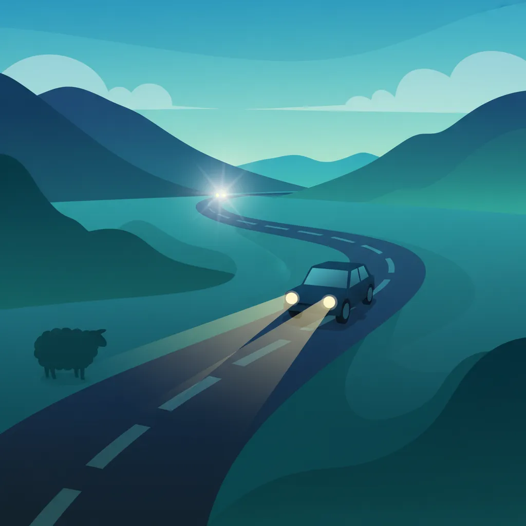 Illustration zum Thema Fahrtheorie Sicherheit im Nachtverkehr für Lernende in Island