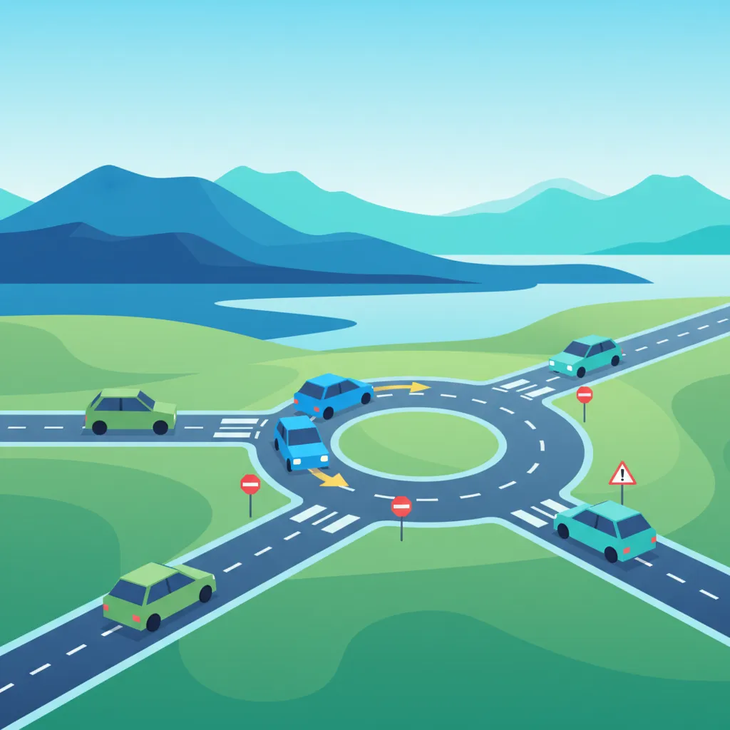 Illustration zum Thema Fahrtheorie Vorfahrt im Kreisverkehr für Lernende in Island