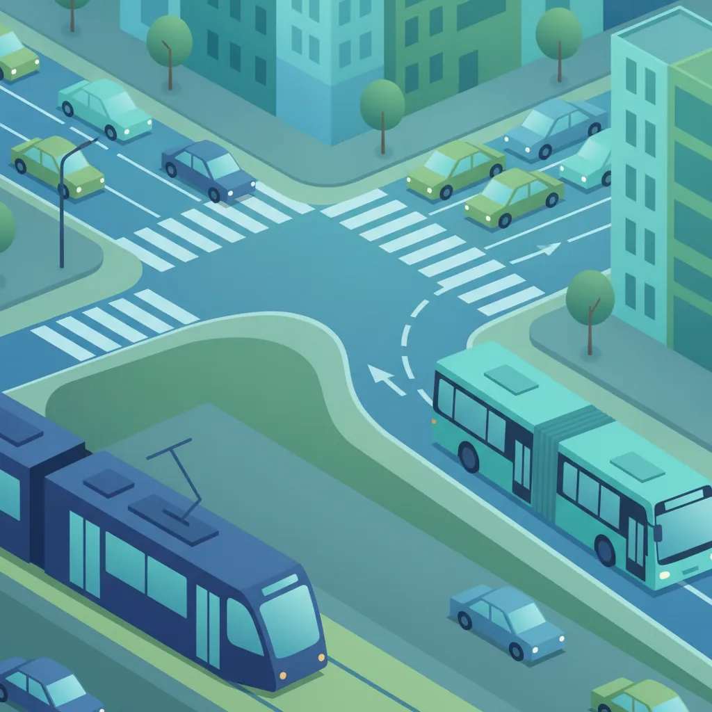Ilustración del tema de teoría de conducción Normas de prioridad de tranvía para alumnos de Italia