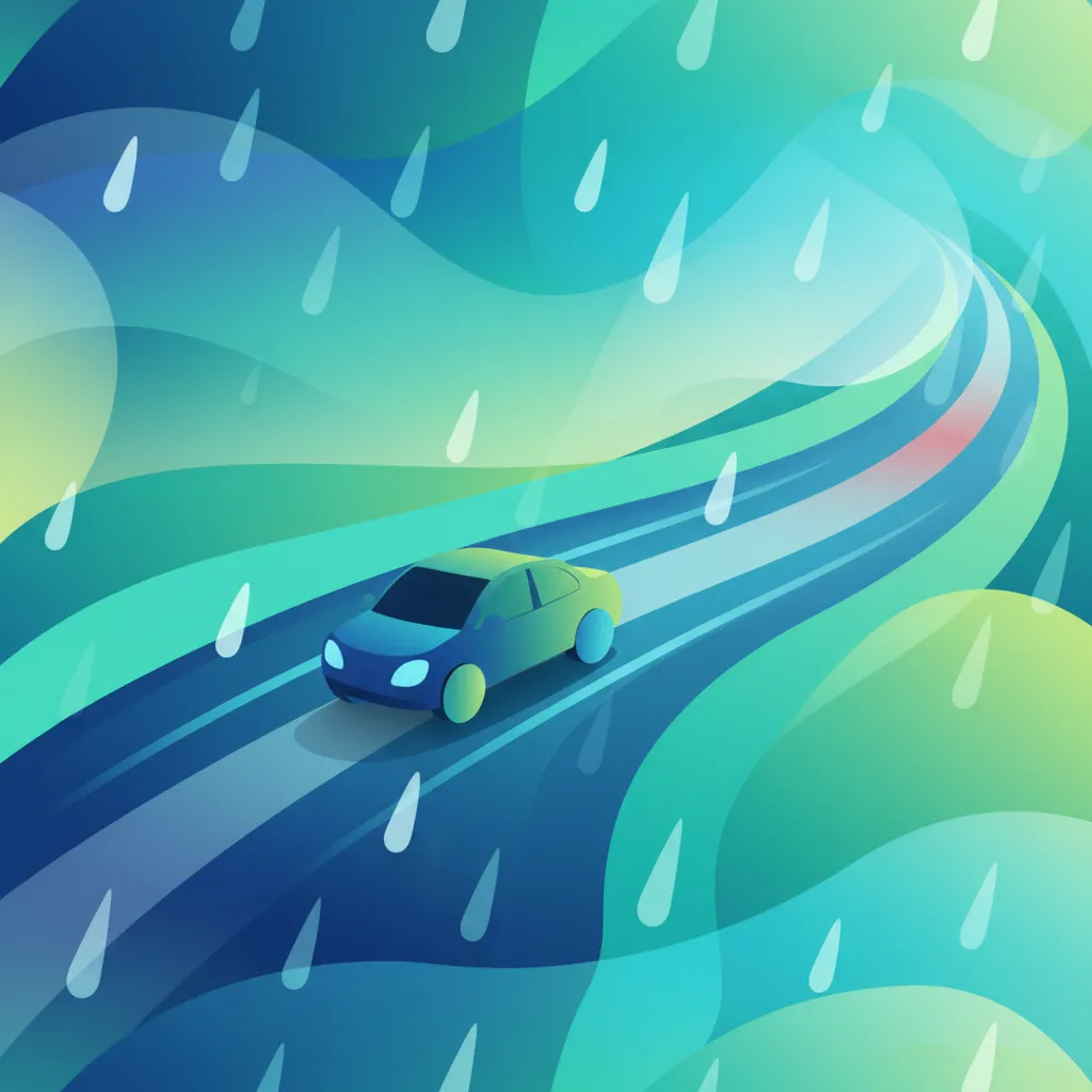 Illustration zum Thema Fahrtheorie Sicherheit beim Fahren im Regen für Lernende in die Niederlande