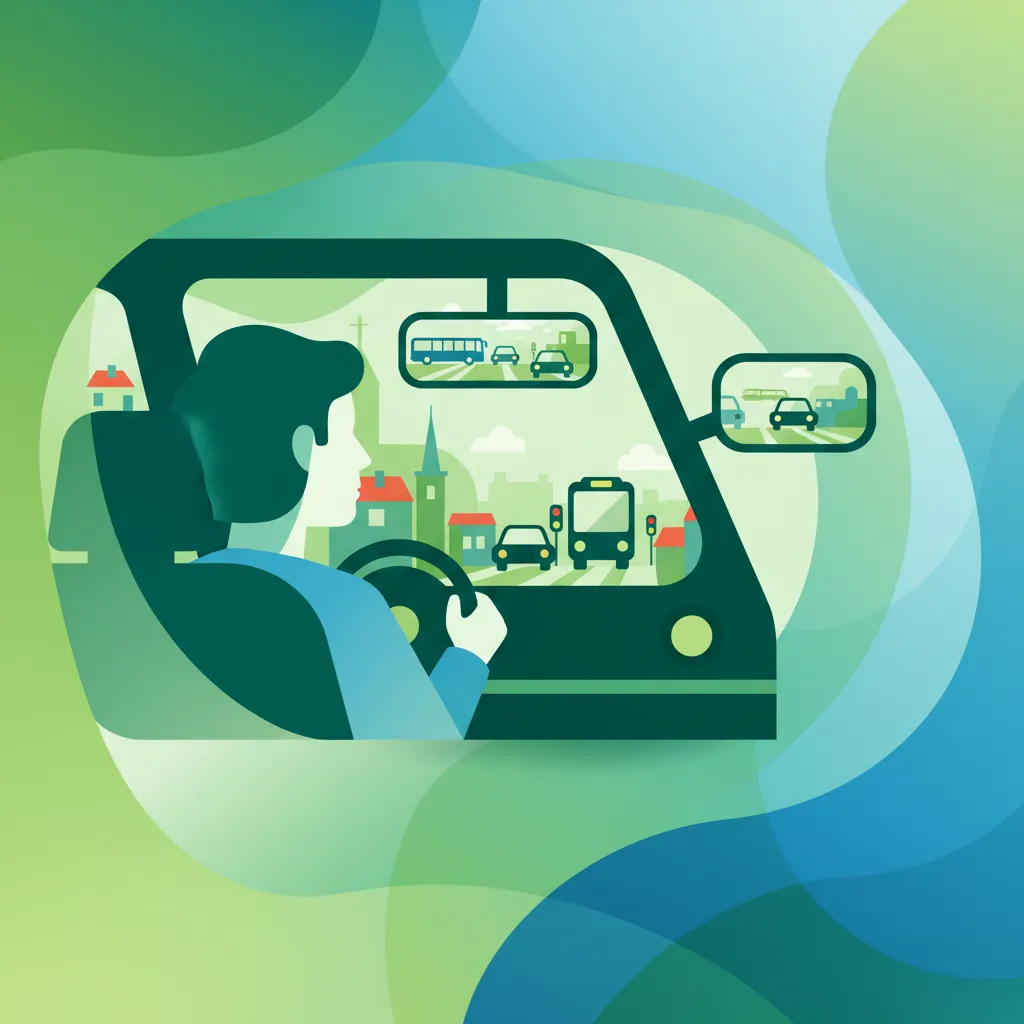 Illustration zum Thema Fahrtheorie Spiegelkontrolltechniken für Lernende in Polen