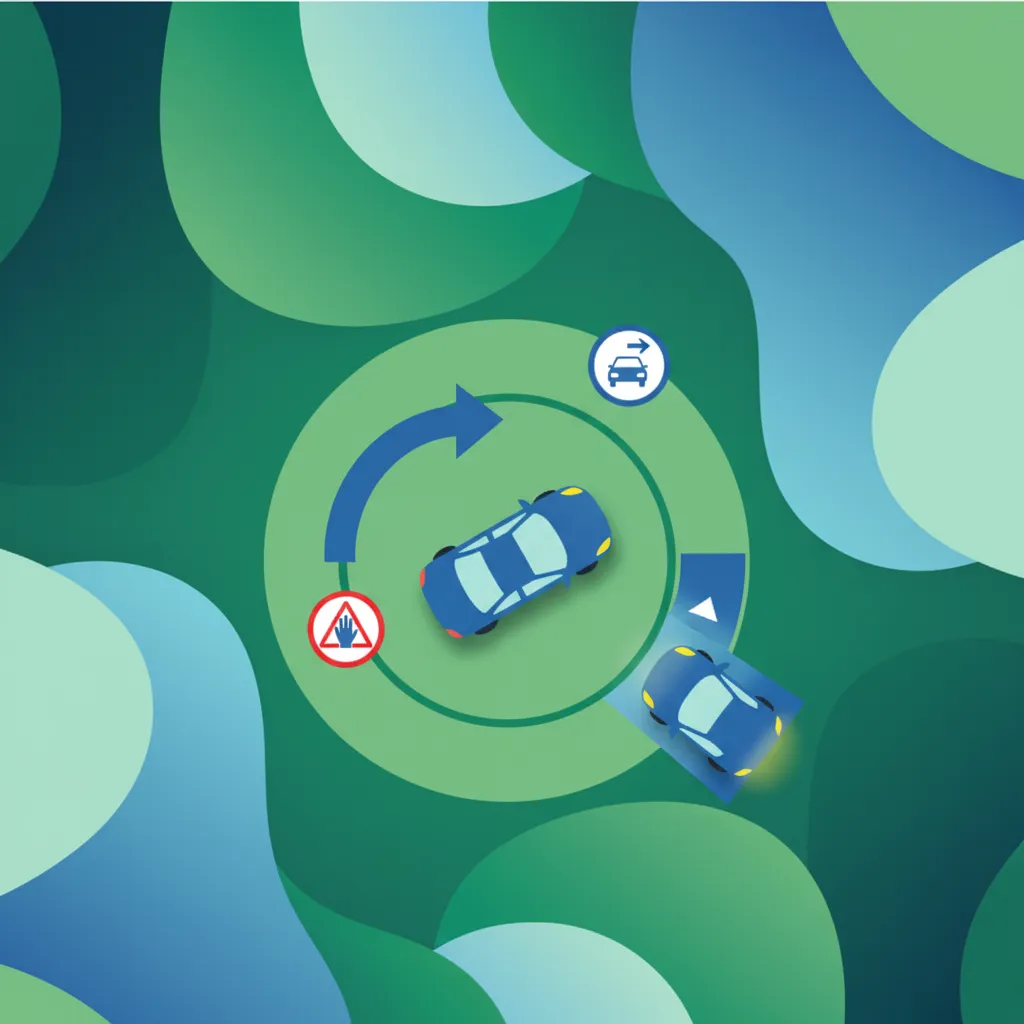 Illustration zum Thema Fahrtheorie Vorfahrt im Kreisverkehr für Lernende in Schweden