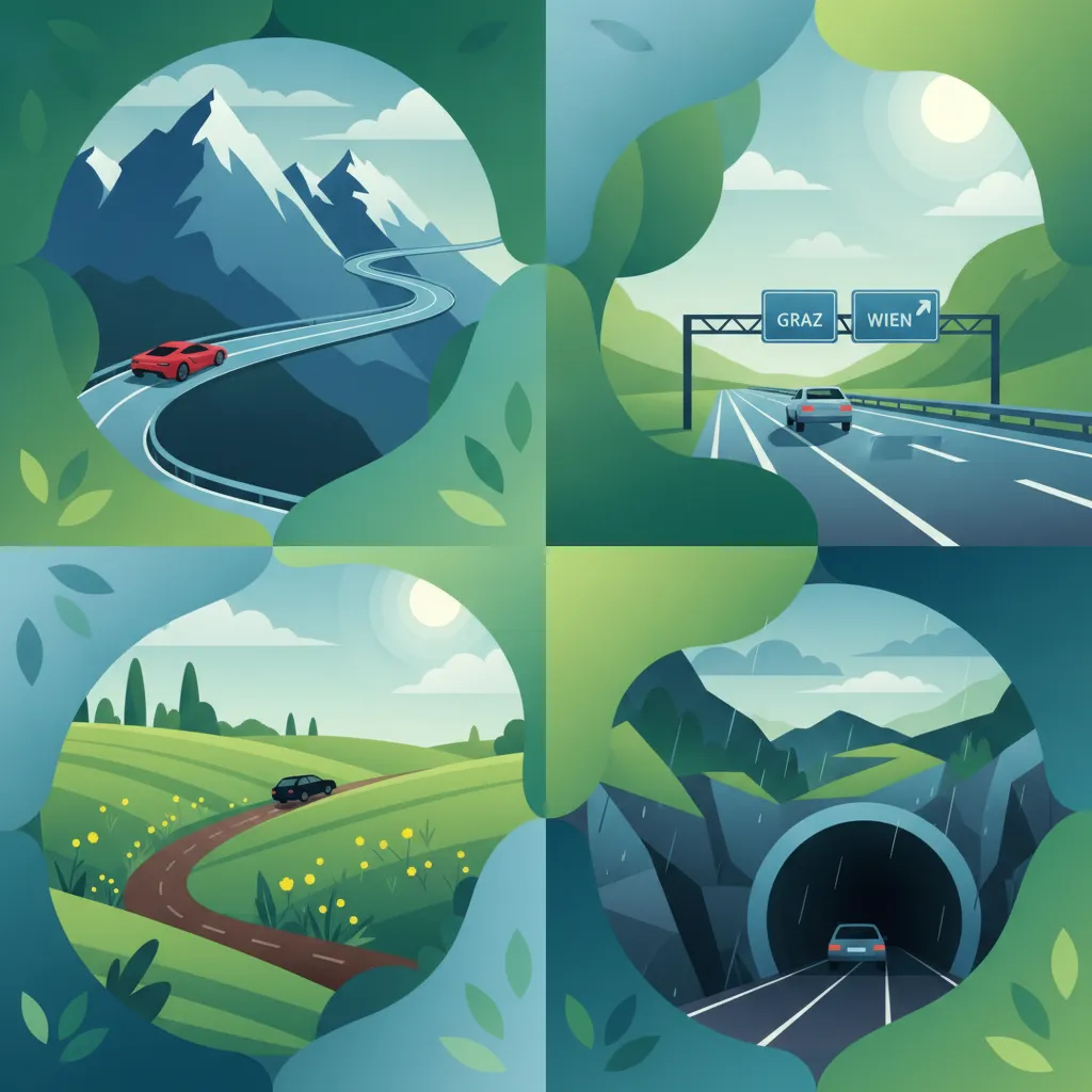 Ländliche Straßen, Alpenstraßen, Autobahnen, Tunnel und Wetter