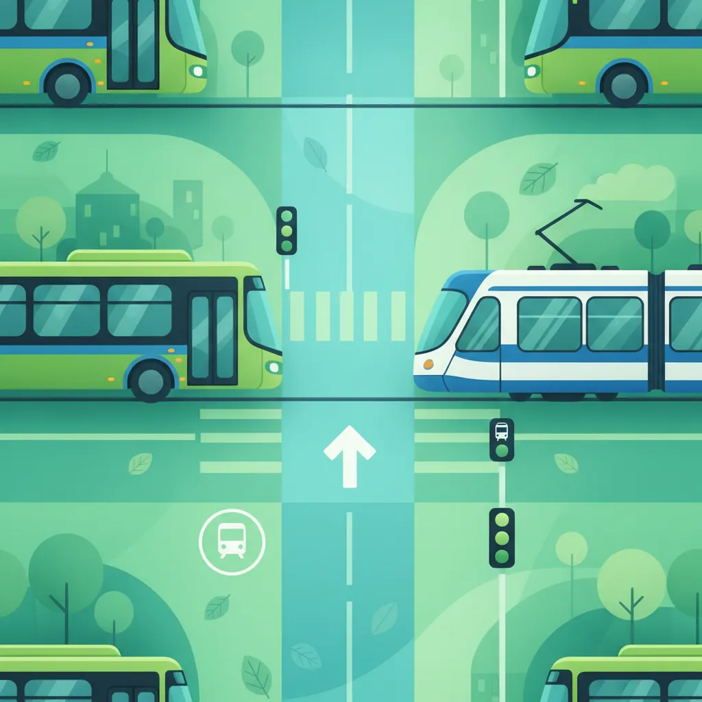 Stadtverkehr, Busspuren, Straßenbahn-Interaktion und Vorrang für öffentliche Verkehrsmittel-Einheitsbild
