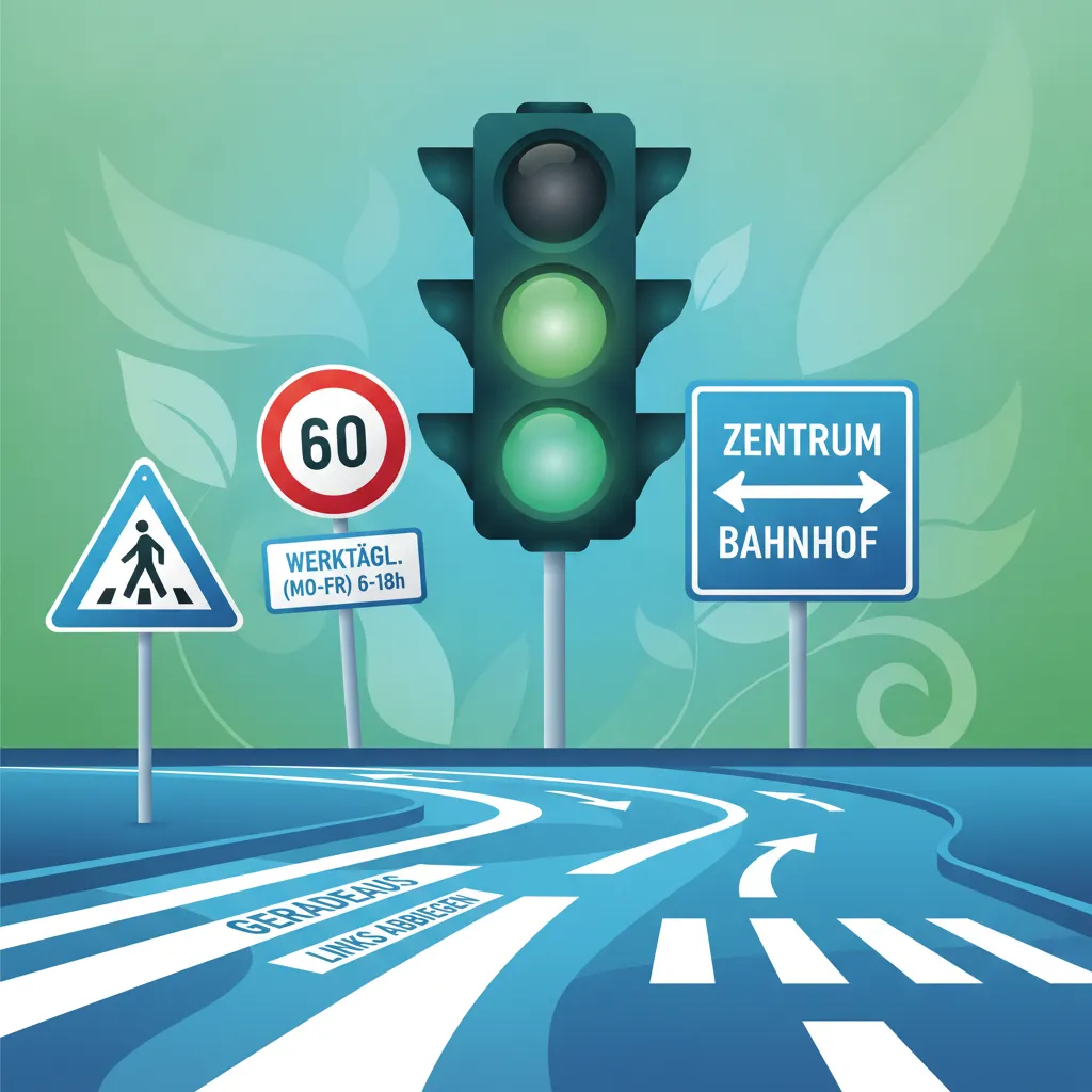 Schilder, Zusatztafeln, Signale und Fahrbahnmarkierungen
