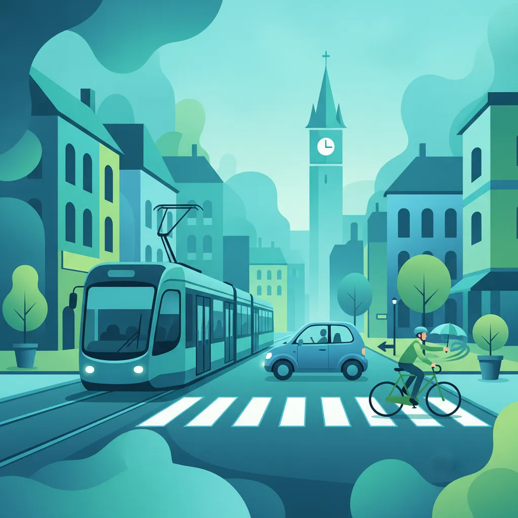 Stadtverkehr, Straßenbahnen, Radfahrer, Busse und gefährdete Verkehrsteilnehmer-Einheitsbild