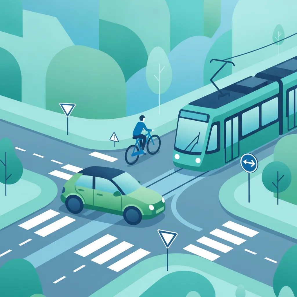 Kreuzungen, Kreisverkehre, Tramschienen und gemischter Verkehr meistern-Einheitsbild