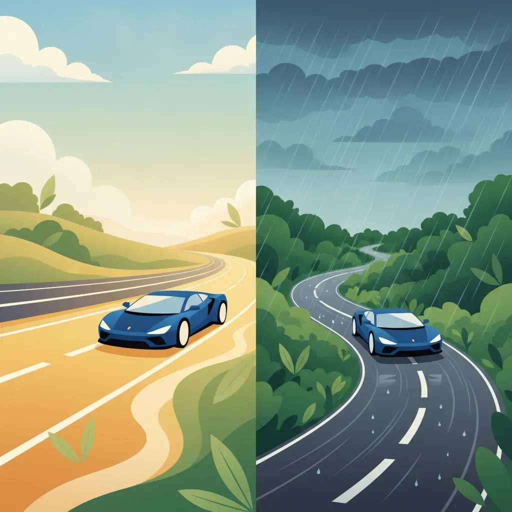 Ländliche Straßen, Autobahnen, Tunnel, Wetter und umweltfreundliches Fahren-Einheitsbild