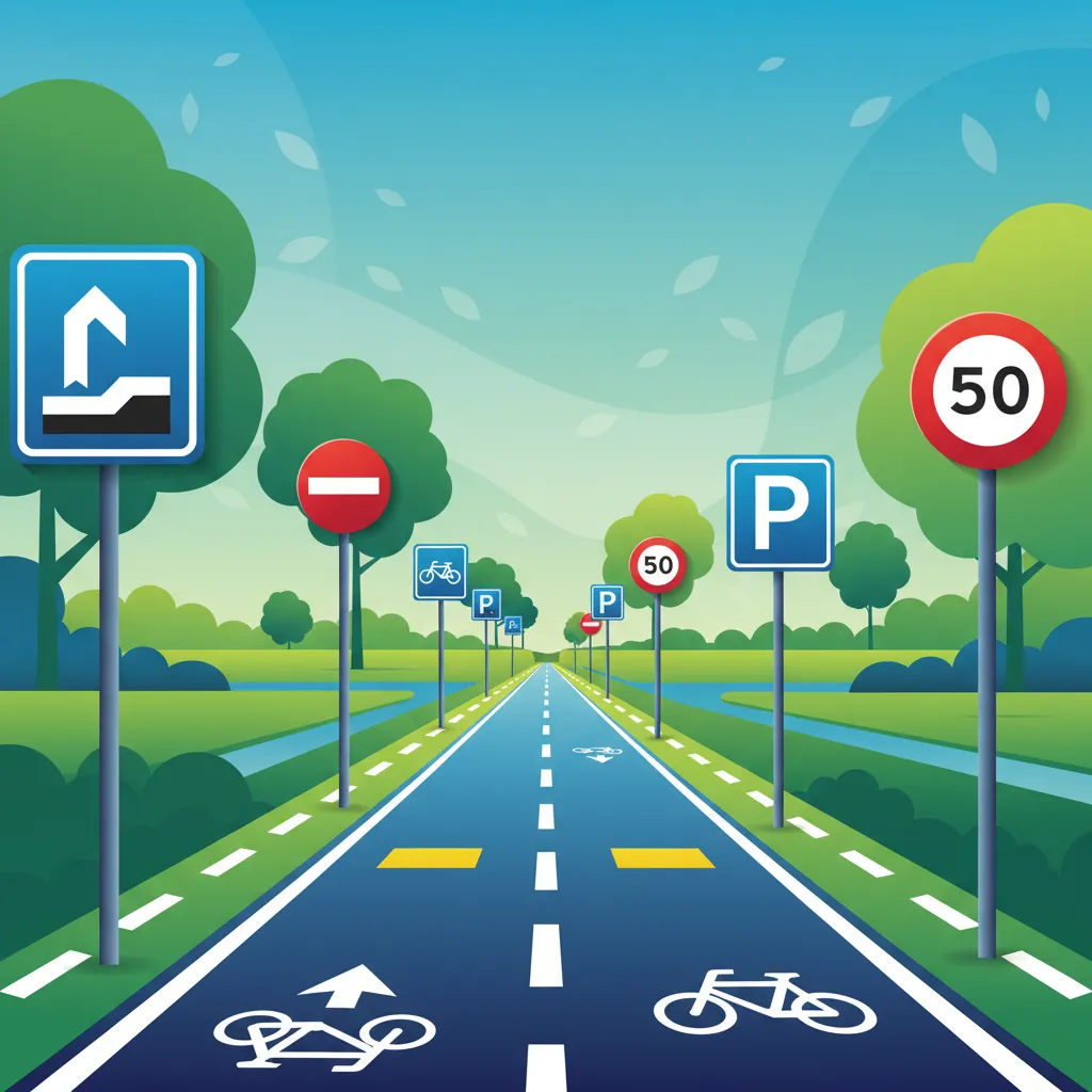 Verkehrszeichen und Fahrbahnmarkierungen (Motorradperspektive)